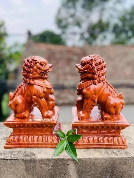 Wooden Pair of Suan Ni Statue - 20cm Handcrafted Chinese Guardian Lions