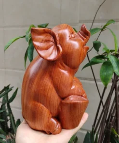 Wooden Pig Statue 7.8”H Handcrafted Padauk Wood Animal Zodiac Protector