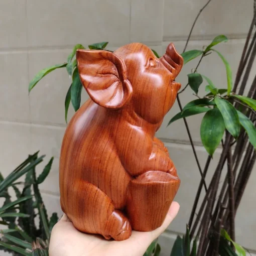 Wooden Pig Statue 7.8”H Handcrafted Padauk Wood Animal Zodiac Protector