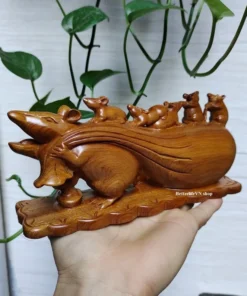 Wooden Rat’s Family Statue 9x20x5.5cm Handcrafted Green Cypress Wood