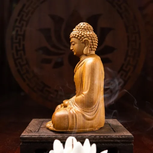 Wooden Sitting Gautama Buddha Statue 6" High Handcrafted Green Cypress Wood Sculpture