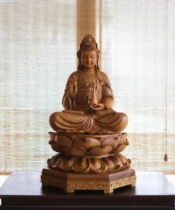 Wooden Sitting Guan Yin Bodhisattva Statue - 50cm - Handcrafted Wood - Meditation Decor