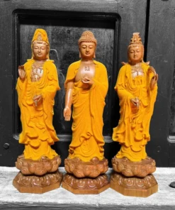 Wooden Three Buddha Statues - 30cm - Green Cypress Wood - Handmade