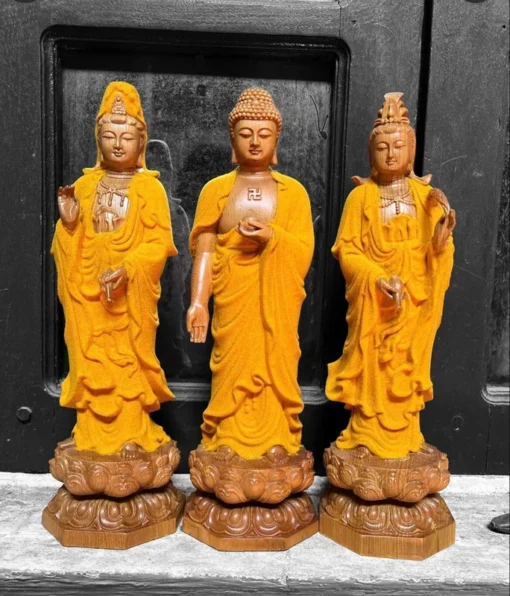 Wooden Three Buddha Statues - 30cm - Green Cypress Wood - Handmade