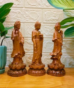 Wooden Three Holy Buddha Statues Set - 20cm Green Cypress Handmade