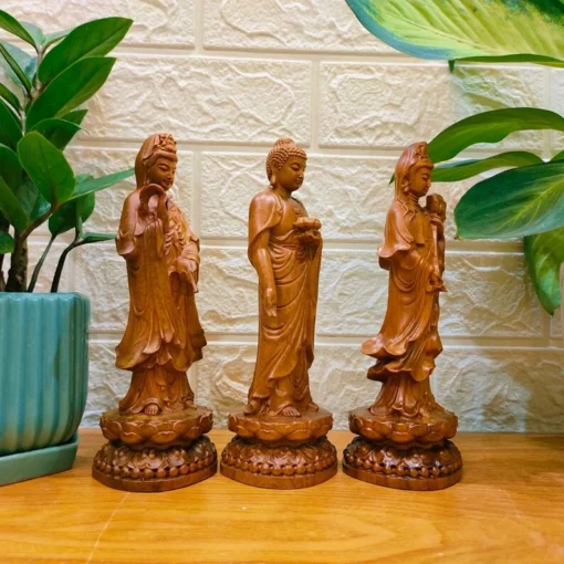 Wooden Three Holy Buddha Statues Set - 20cm Green Cypress Handmade