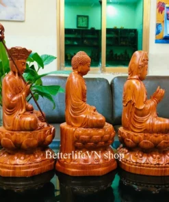 Wooden Three Saints Statue 11.8 inches Shakyamuni Buddha, Avalokiteshvara & Ksitigarbha - Padauk Wood