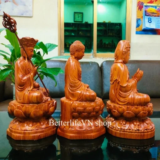 Wooden Three Saints Statue 11.8 inches Shakyamuni Buddha, Avalokiteshvara & Ksitigarbha - Padauk Wood