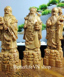 Wooden Three Statues of Happiness, Wealth & Longevity - Fu Lu Shou - 11.8 inches - Handcrafted Dragon Blood Tree Wood