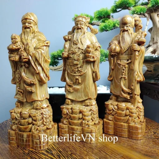 Wooden Three Statues of Happiness, Wealth & Longevity - Fu Lu Shou - 11.8 inches - Handcrafted Dragon Blood Tree Wood