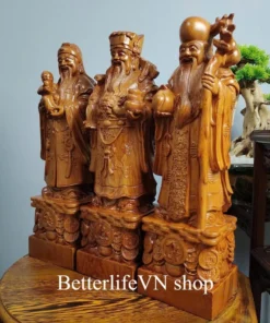 Wooden Three Statues of Happiness, Wealth, Longevity – Fu Lu Shou, 19.6 inches, Natural Padauk Wood