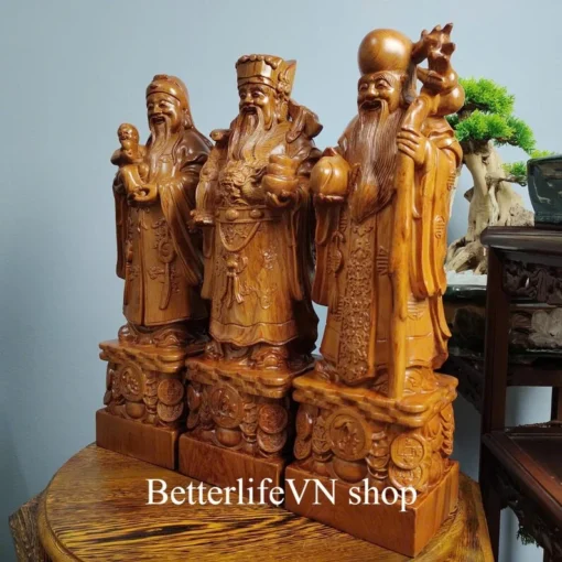 Wooden Three Statues of Happiness, Wealth, Longevity – Fu Lu Shou, 19.6 inches, Natural Padauk Wood