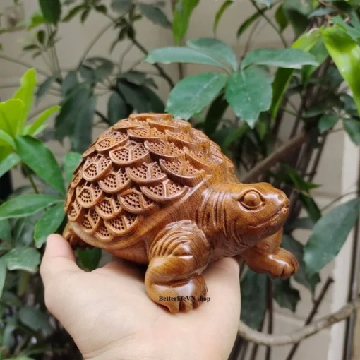 Wooden Turtle Statue - Handcrafted Green Cypress - 9x10x15 cm, Fortune Animal Decor