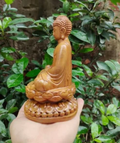 Amitabha Buddha Statue on Lotus - 15cm - Handcrafted Green Cypress